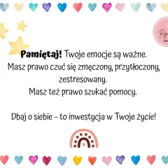 Ilustracja z serduszkami, gwiazdkami i tekstem o emocjach i dbaniu o siebie.