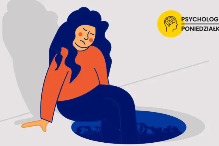 Ilustracja kobiety siedzącej na krawędzi dziury, z wyrazem smutku na twarzy.