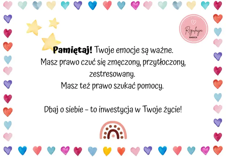 Ilustracja z serduszkami, gwiazdkami i tekstem o emocjach i dbaniu o siebie.