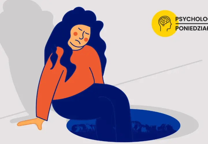 Ilustracja kobiety siedzącej na krawędzi dziury, z wyrazem smutku na twarzy.