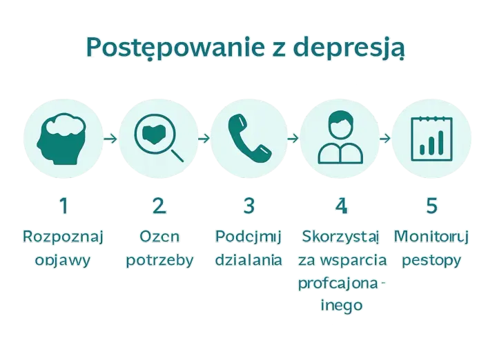 Schemat 5 kroków postępowania z depresją: rozpoznaj objawy, oceń potrzeby, podejmij działania, skorzystaj ze wsparcia, monitoruj postępy.