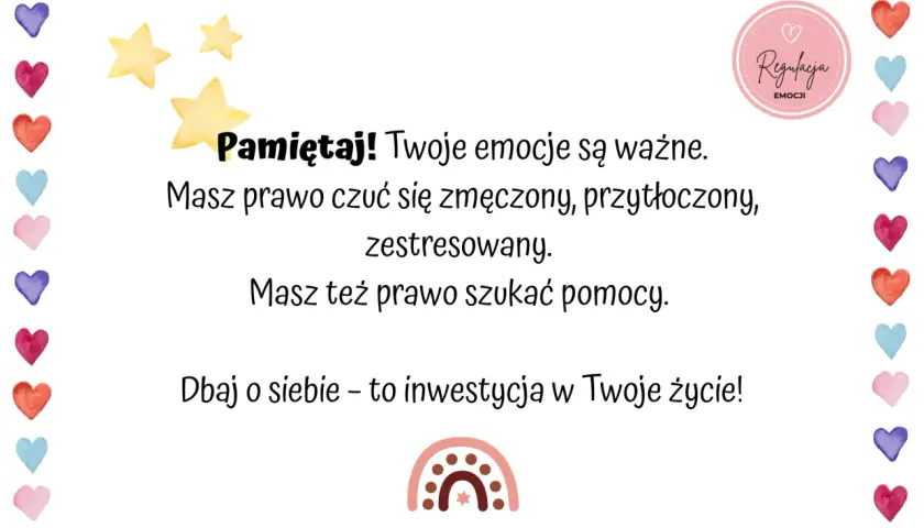 Ilustracja z serduszkami, gwiazdkami i tekstem o emocjach i dbaniu o siebie.