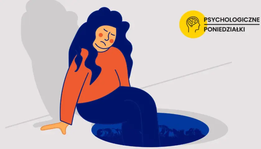 Ilustracja kobiety siedzącej na krawędzi dziury, z wyrazem smutku na twarzy.