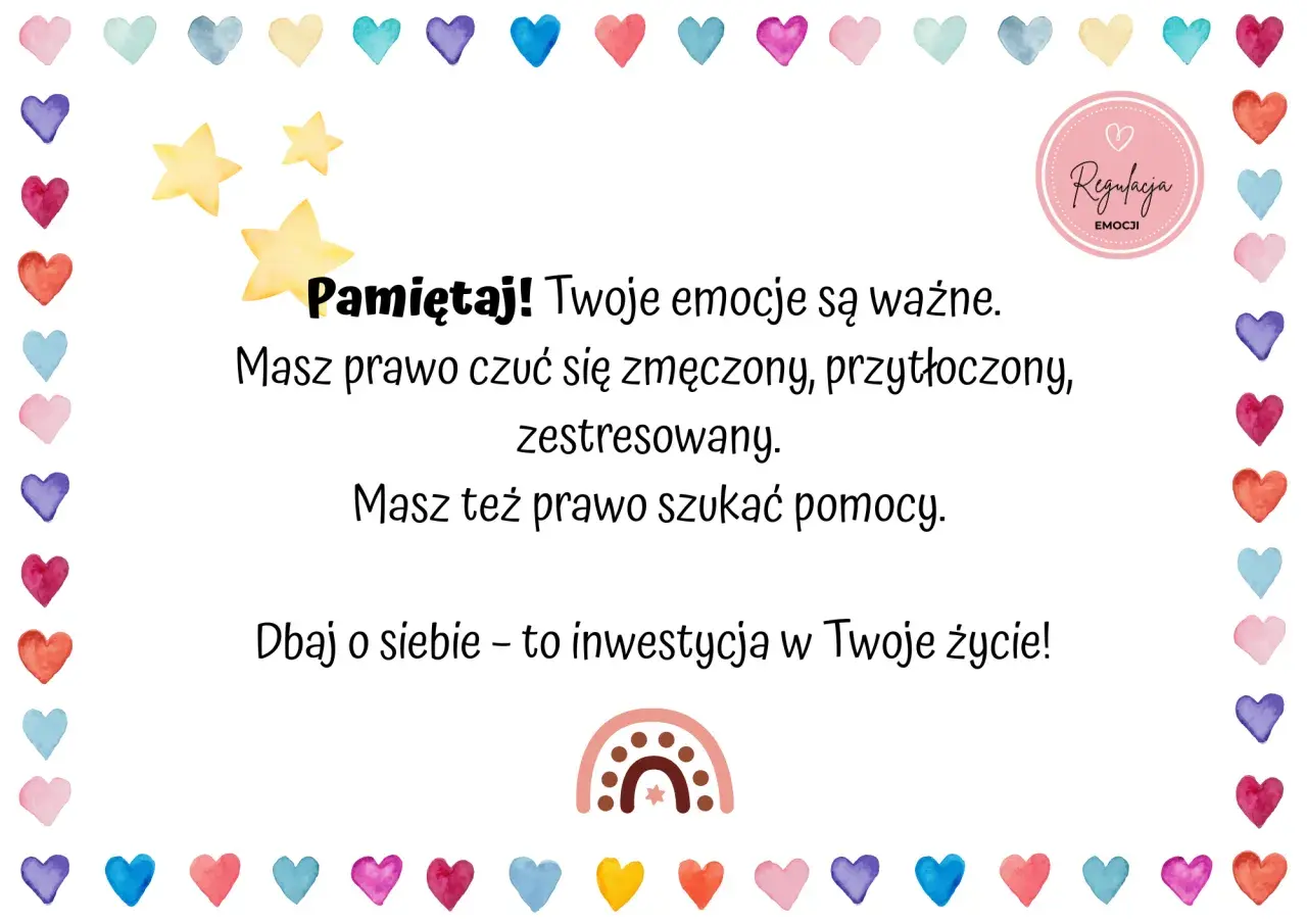 Ilustracja z serduszkami, gwiazdkami i tekstem o emocjach i dbaniu o siebie.